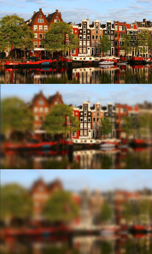 Three stacked images of waterfront homes. Top image is clear. Middle image is blurry on the edges. Bottom image is completely blurry.