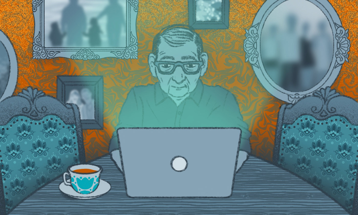 Illustration of an older man sitting in front of a laptop computer at a dining room table