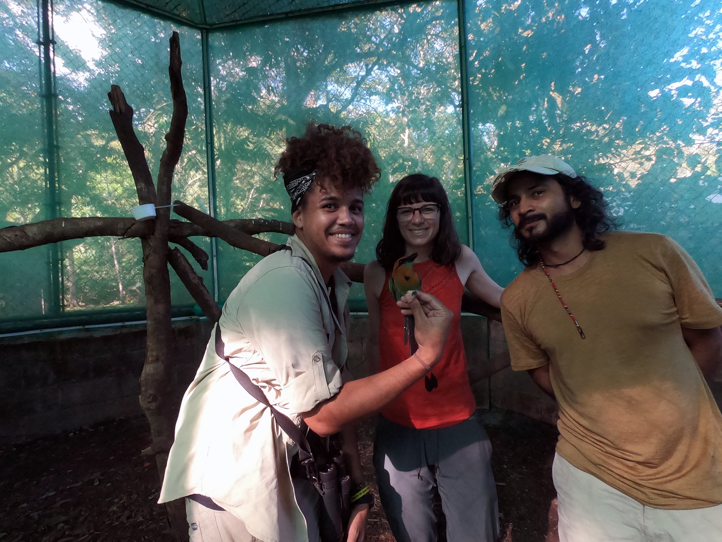 Three scientist in an aviary, one is holding a colorful bird