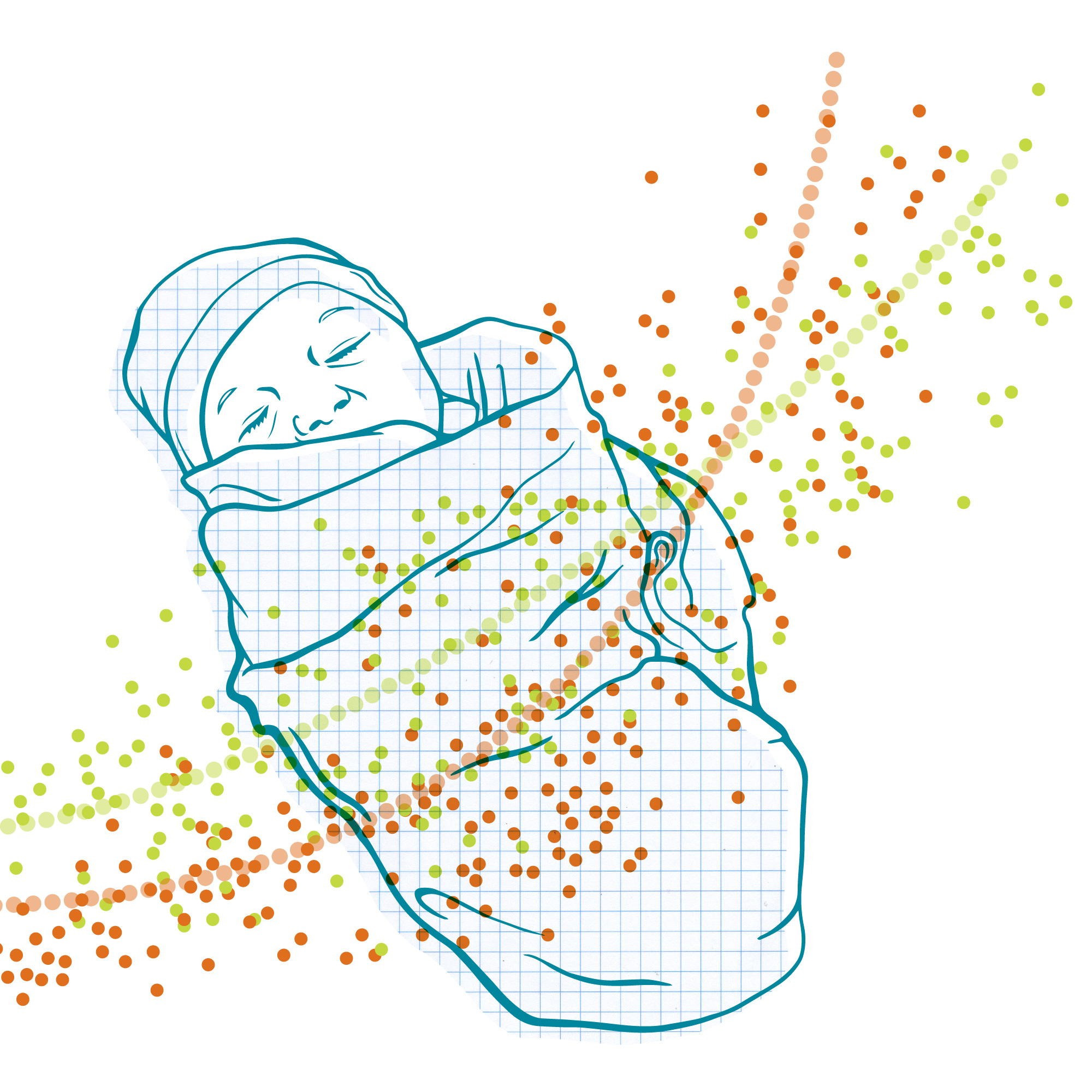 Illustration of a newborn child wrapped in cloth superimposed with data plotted on a graph