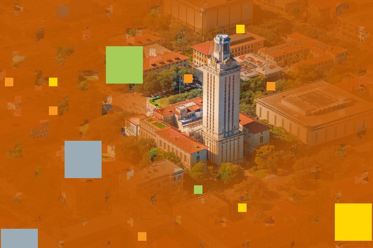 An aerial view of the University of Texas at Austin campus and Tower is overlain with bits and burnt orange from the Year of AI theme.