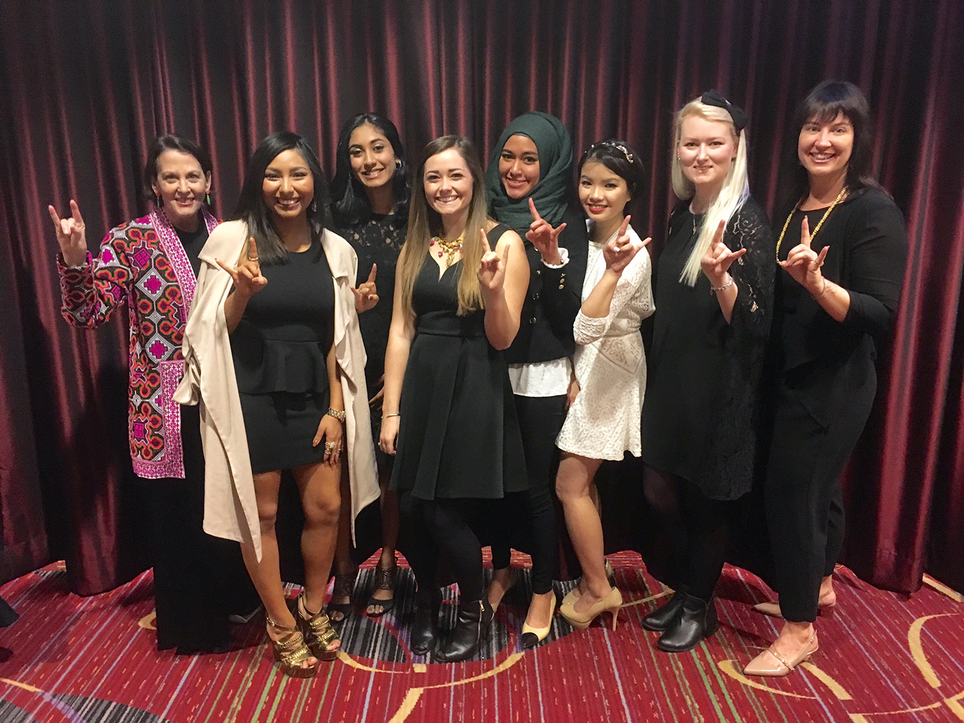 UT textiles and apparel faculty members Nancy Prideaux and Sara Stevens accompanied the scholarship winners to the YMA awards dinner in New York. Left to right: Nancy Prideaux, Debby Garcia, Avani Patel, Clare Moore, Tami Gumilar, Daeci Dinh, Sara Northcutt, and Sara Stevens.